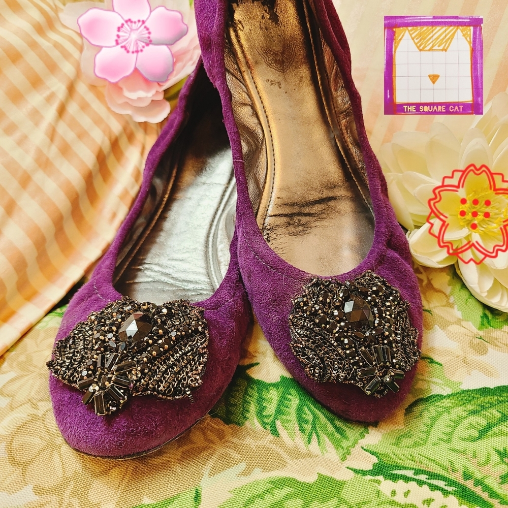 ELIE TAHARI 🍇 Lucille Ballet Flats in Grape Jelly purple suede LEATHER